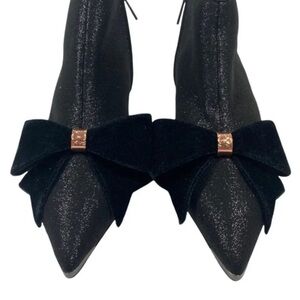 Ted Baker size 37 EUC/GUC “Bowtee” Lurex bow Black Ankle Boots with Kitten Heel